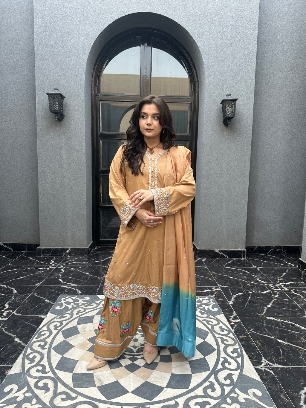 Gold and Blue Farshi Shalwar
