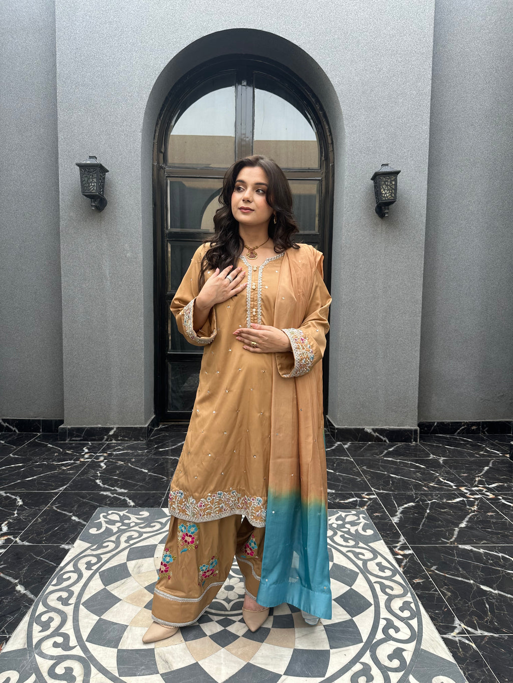 Gold and Blue Farshi Shalwar