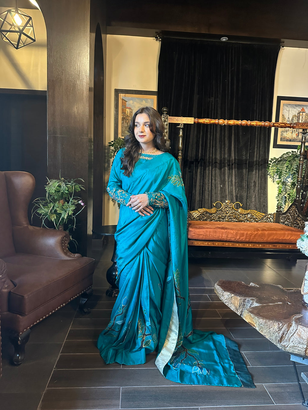 Teal Hand Painted Saree