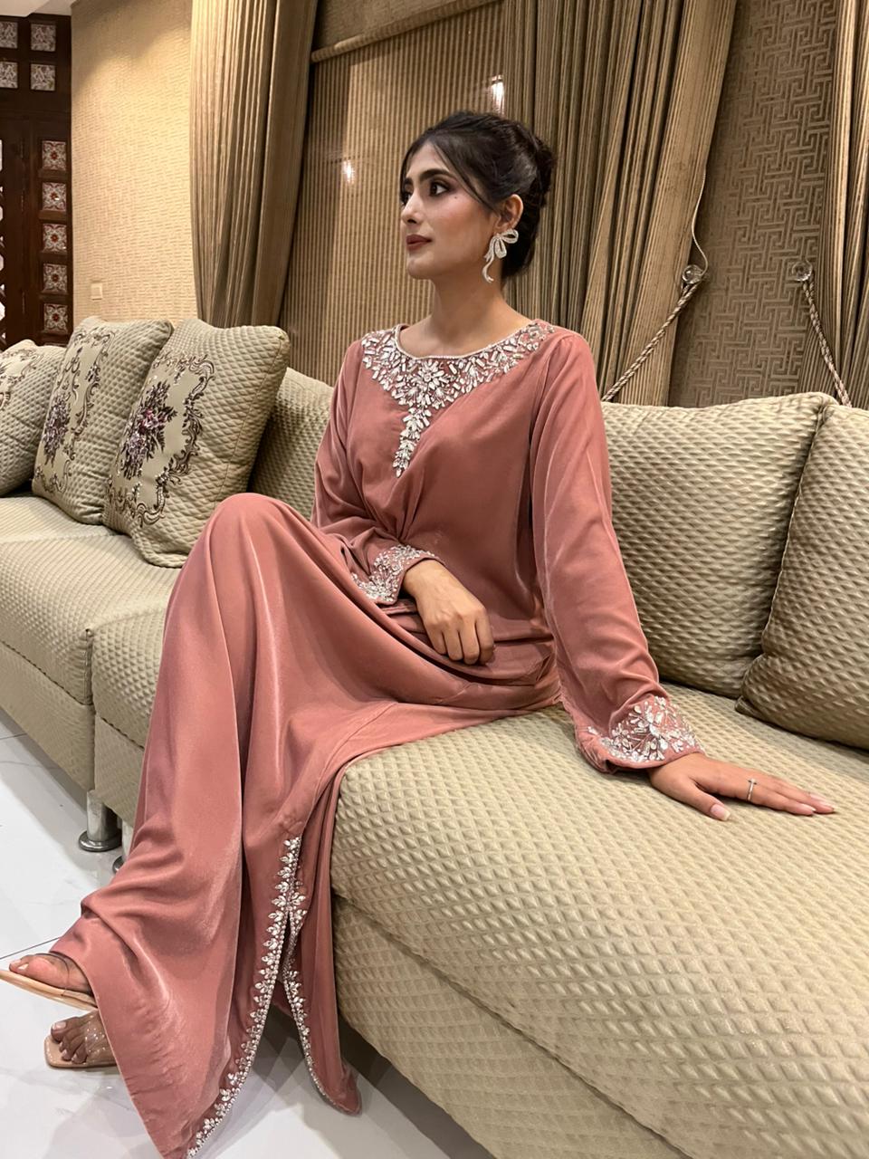Dreamy Pink Velvet Petal Kaftan